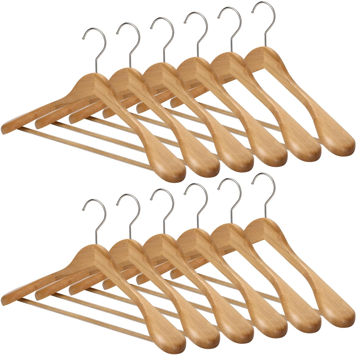 MELA'S Wooden Wide Clothes Hanger, Natural Wood, Pack of 12, Non-Slip, for Stable Jacket, Suit, Shirts, Extra Wide Shoulders, Trouser Bars