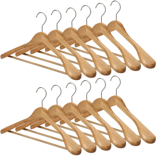 MELA'S Wooden Wide Clothes Hanger, Natural Wood, Pack of 12, Non-Slip, for Stable Jacket, Suit, Shirts, Extra Wide Shoulders, Trouser Bars