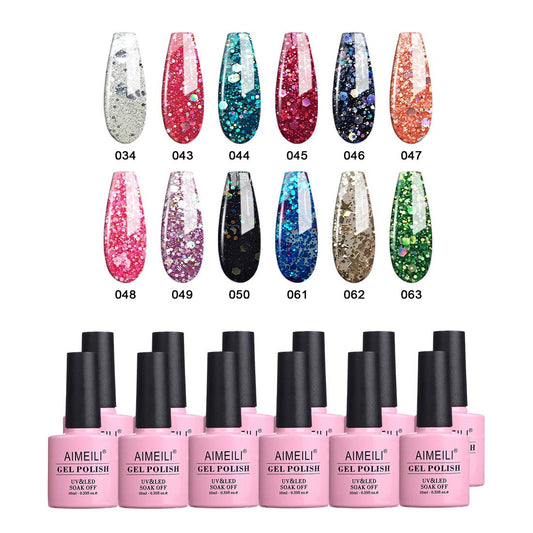 AIMEILI Soak Off UV LED Glitter Gel Nail Polish Multicolour/Mix Colour/Combo Colour Set Of 12pcs X 10ml - Kit 7
