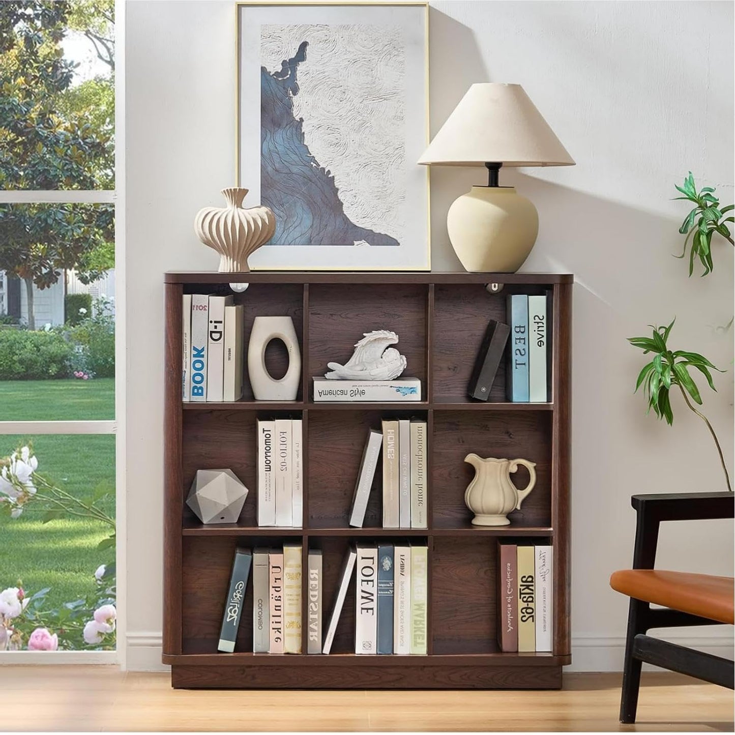 LELELINKY 9 Cube Storage Bookcase, 41" Wide Wooden Book Shelf with Thickened Base, Freestanding 3-Tier Open Book Case Unit with Curved Edge