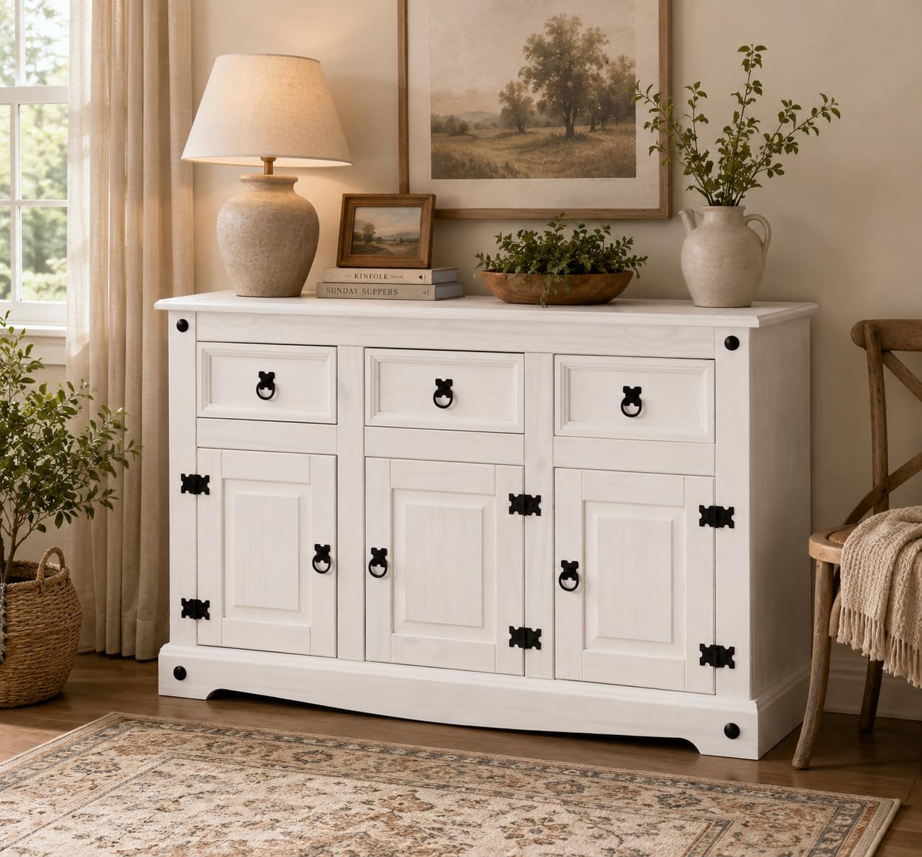 Corona Sideboard 3 Door 3 Drawer Country House All White Solid Mexican Pine Wood W 125cm x D 40cm x H 76cm