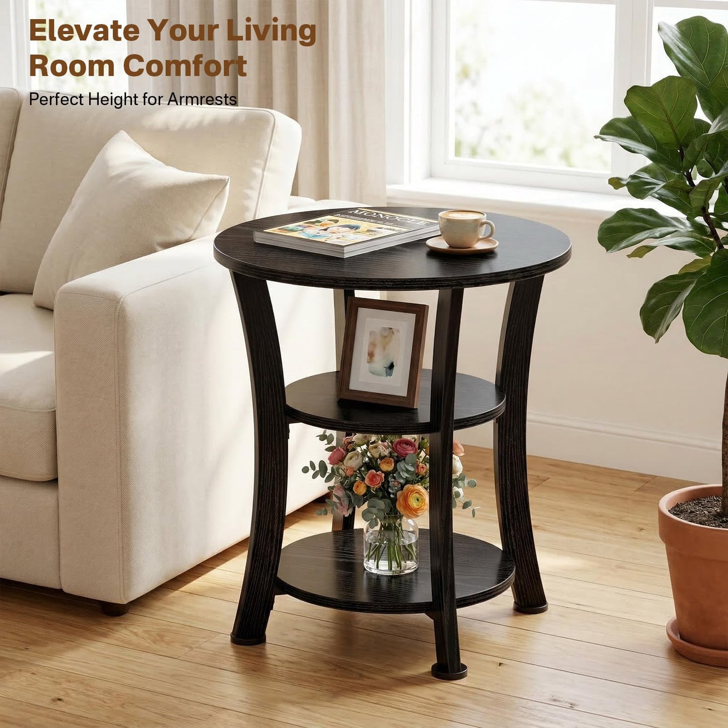 Yuede Round End Table, 3 Tier Side Table with Storage, 50 CM Farmhouse Wood Side Table