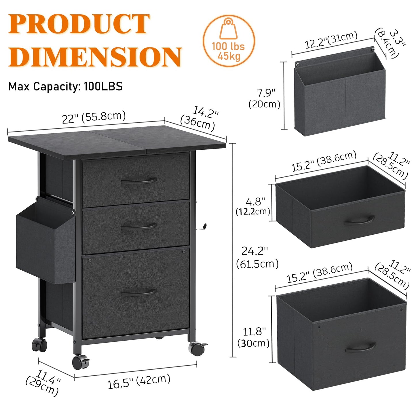 CAIYUN Filing Cabinet with 3 Fabric Drawers, Mobile File Cabinet on Wheels & Adjustable Feet, Rolling Under Desk Cabinet