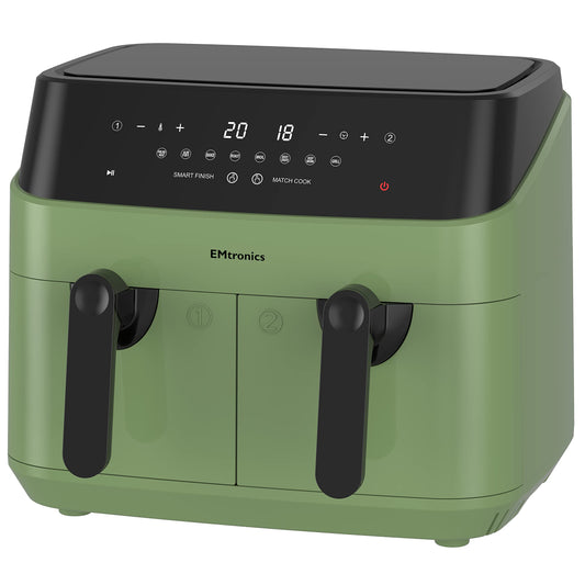 EMtronics EMAFDD9LSG Dual Air Fryer Extra Large Family Size Double XL 9 Litre with 8 Adjustable Pre-Set Menus for Oil Free & Low Fat Healthy Cooking,