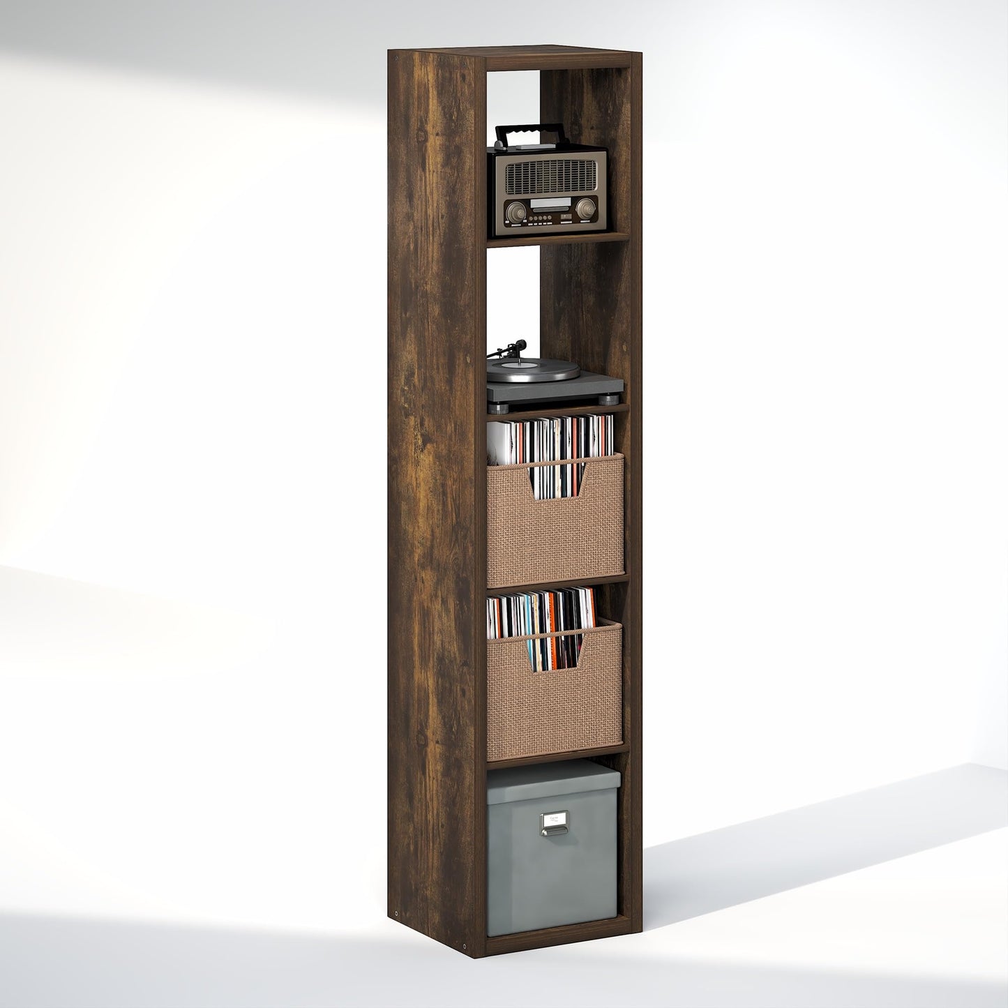 Furinno CUBICLE Record Player Stand with Vinyl Storage, 5-Cube 1.2 Extra Thick Vinyl Record Storage