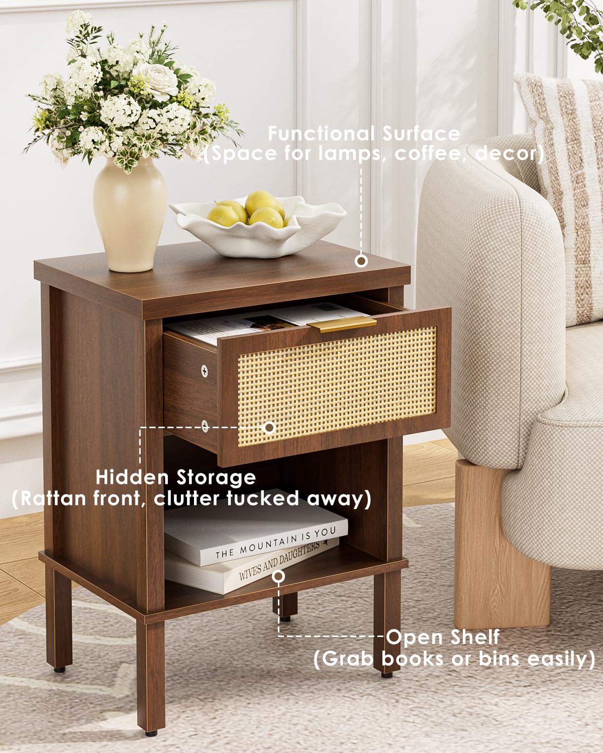 Apetaccat Rattan Bedside Table, Side Table with Open Storage Shelf, Walnut