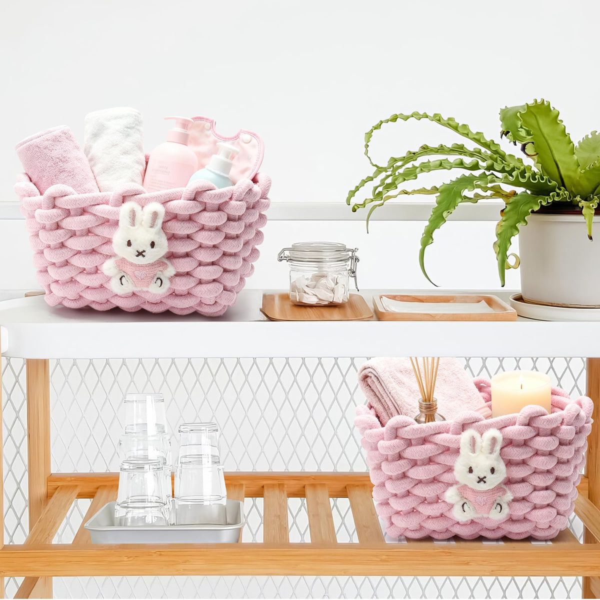 Woven Cotton Wicker Storage Basket with Bear Motif, White - Bathroom Organizer for Desk, Makeup Table, Cabinets, Bath, Kitchen Pink - Rabbit