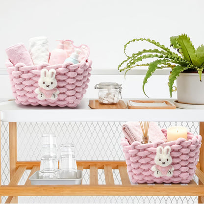Woven Cotton Wicker Storage Basket with Bear Motif, White - Bathroom Organizer for Desk, Makeup Table, Cabinets, Bath, Kitchen Pink - Rabbit