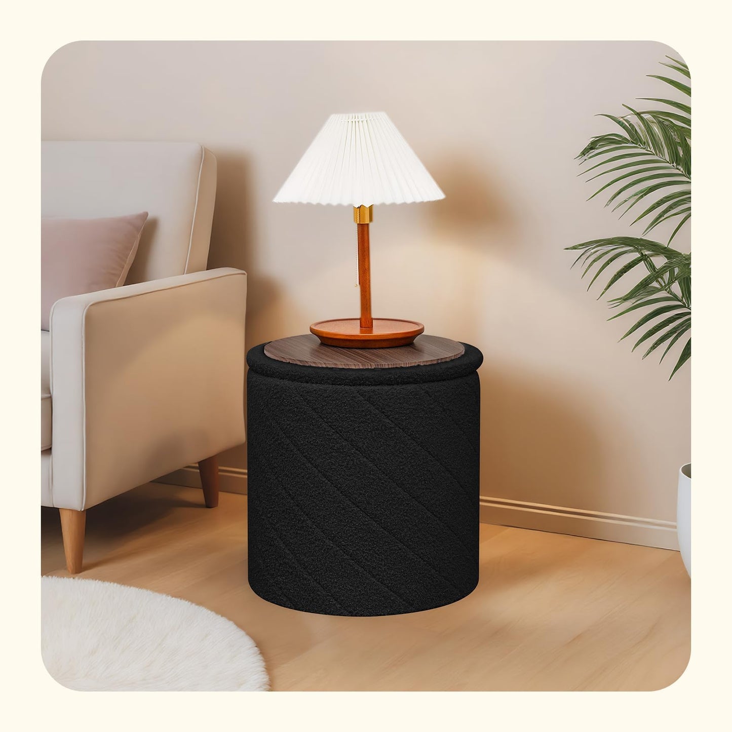PINPLUS Round Ottoman Storage Box, Folding Stool, Black, 43x43x45 cm