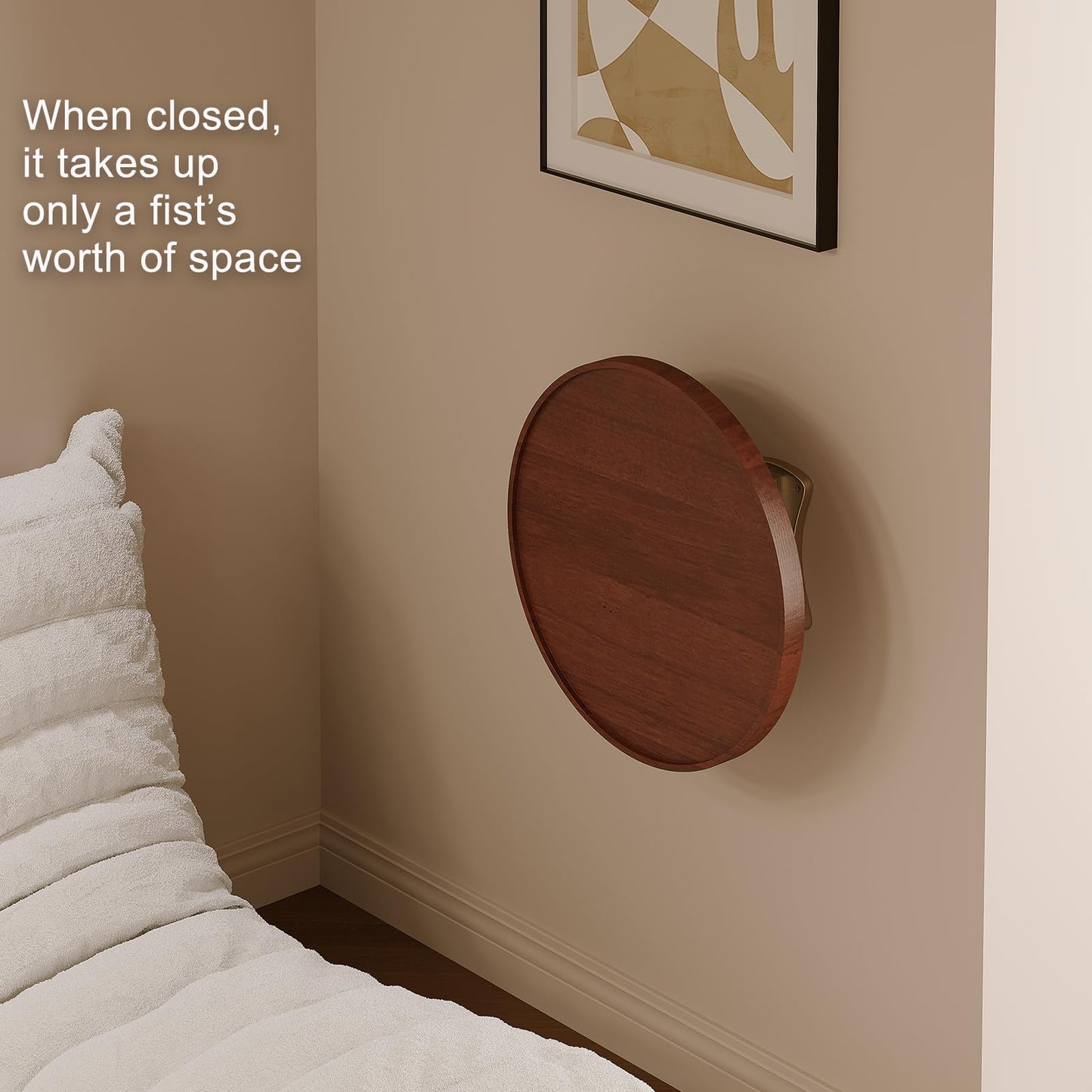 Vanpoo Wall Mounted Folding Table,Walnut Bedside Shelf Wall Mount Floating Wall Desk for Small Spaces,11.8" Round Wood TableTop with Aluminum Alloy