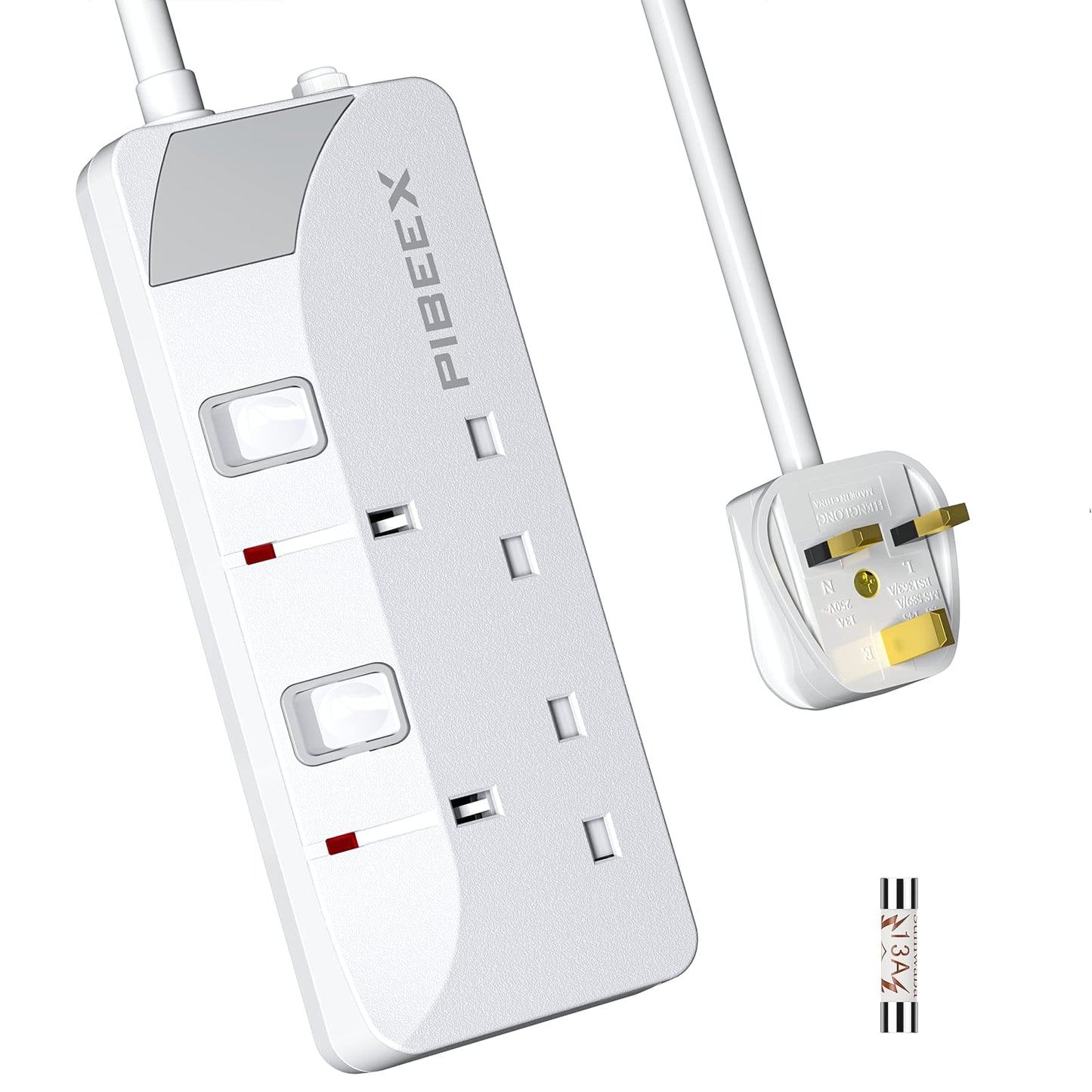 PIBEEX Extension Lead 2 Way Plug Sockets with Individual Switches Wall Mountable Power Strip with 5 Meter Long Extension Cable 13A Fused UK Plug 3250W