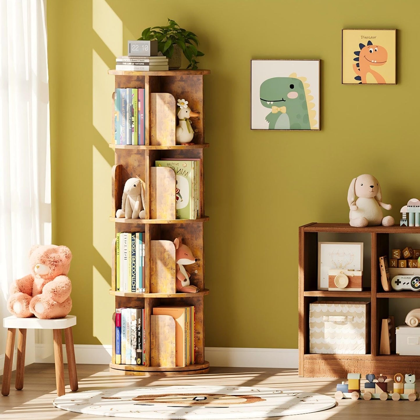 WEMANER 4-tier Rotating Kids Bookshelf, Wooden 360° Small Corner Revolving Spinning Bookcase