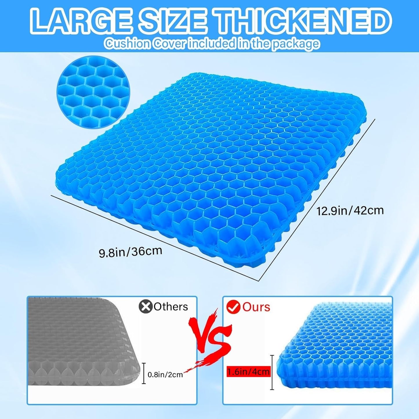 Spring.Rd 1.4"(4CM) Thick Gel Seat Cushion, Double Large Breathable Honeycomb Design Cool Gel Cushion with Washable Seat Cover for Office Chair Car