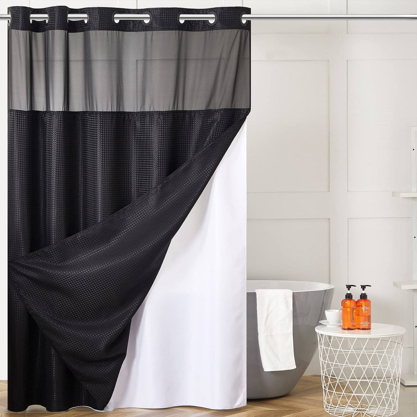 Furlinic Shower Curtain Hookless Black Jacquard Waffle Fabric 75inch Long Weighted Anti Mould with White Polyester Snap in Liner and Mesh Curtains