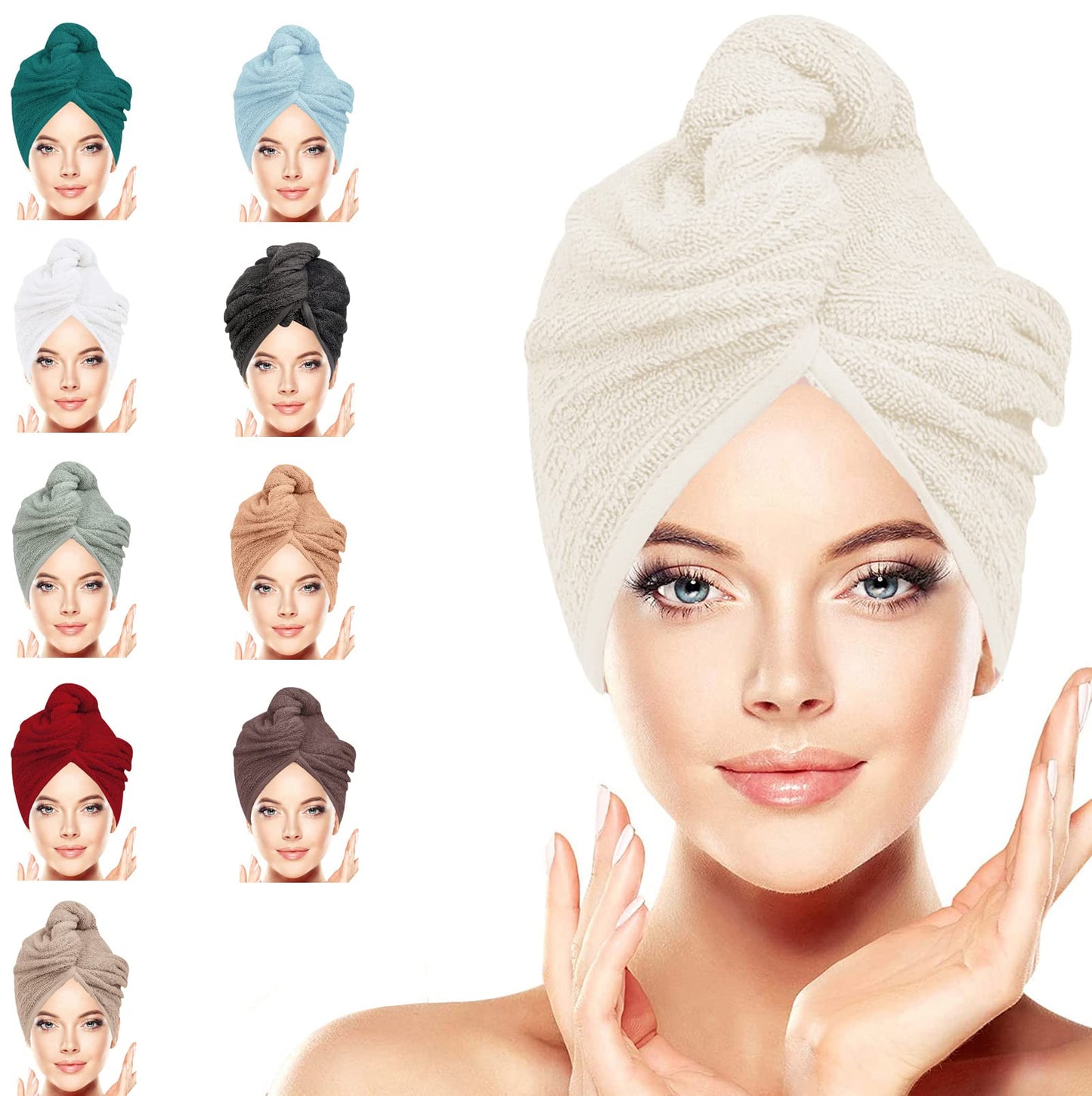 LUXURY Hair Towel Wrap 100% Cotton, Instant Drying Lightweight Turban Hair Cap Super Quick Absorbent Anti-Frizz Twist Toweling Dry Hat Button Loop