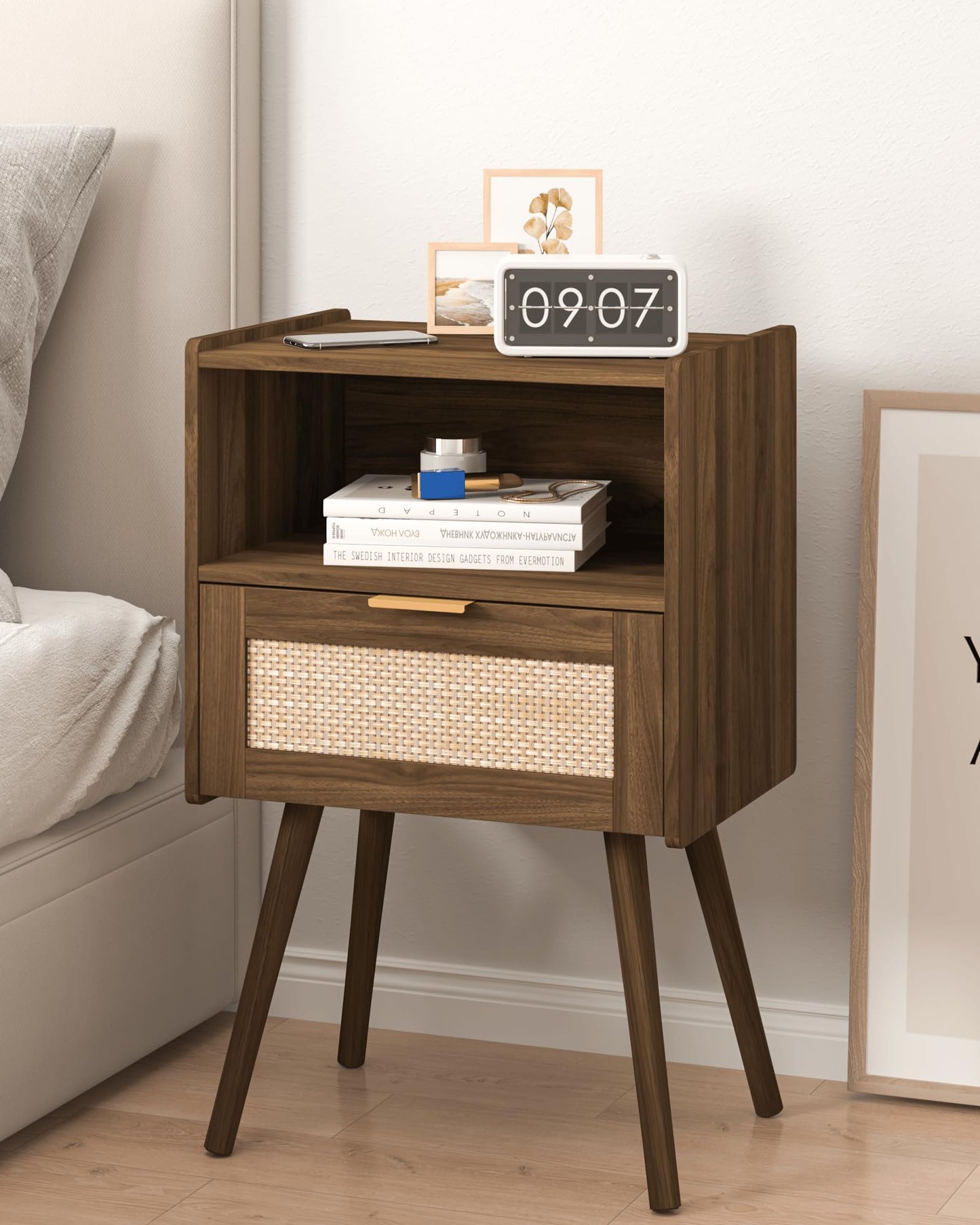 JERX Rattan Nightstand,Farmhouse Bedside Table with Storage Drawer and Open Wood Shelf, for Living Room, Bedroom and Small Spaces, Accent Night Stand