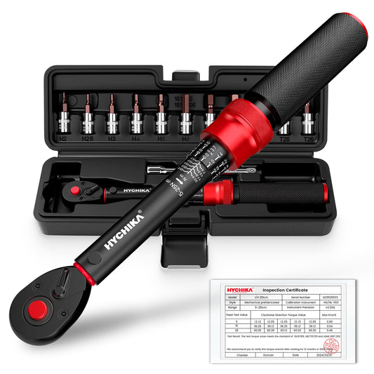 HYCHIKA 13PCS 1/4" Torque Wrench 5-25Nm, ?2% Accuracy, 72-Tooth Bike Torque Wrench Set with 12 Bits & Storage Case for Bicycle, Motorcycle,