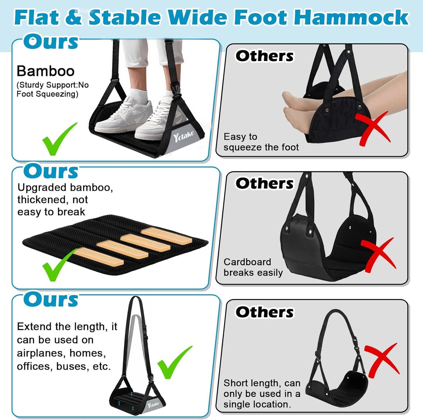 Yotako Foot Hammock for Flight - Adjustable Travel Airplane Foot Rest with Memory Foam & Bamboo Support, Portable Leg Hammock for Long Flights