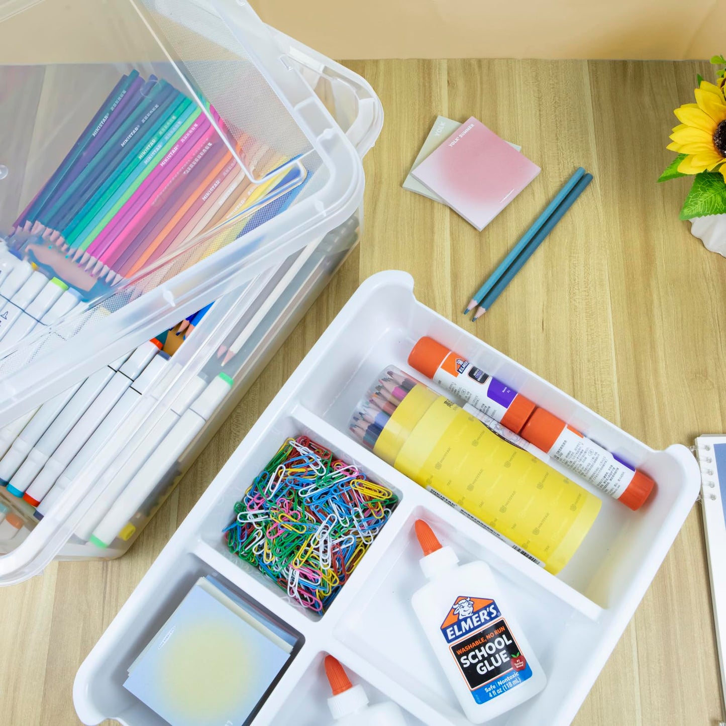 Creahaus 16L Organizers and Storage Box with Removable Tray, Durable Plastic Containers with Lids and Latching Buckles