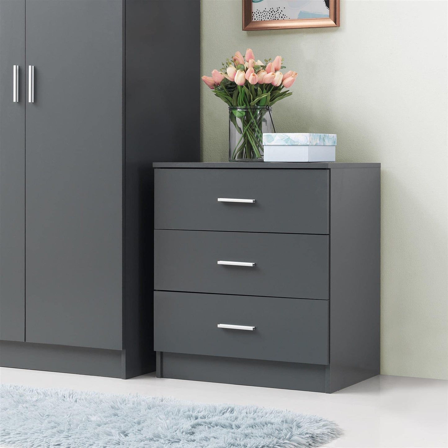 Timber Art Design UK Rio Costa 3 Drawer Bedroom Chest of Drawers with Chrome Metal Handles & Runners Storage Organiser Unit for Hallway Living Room