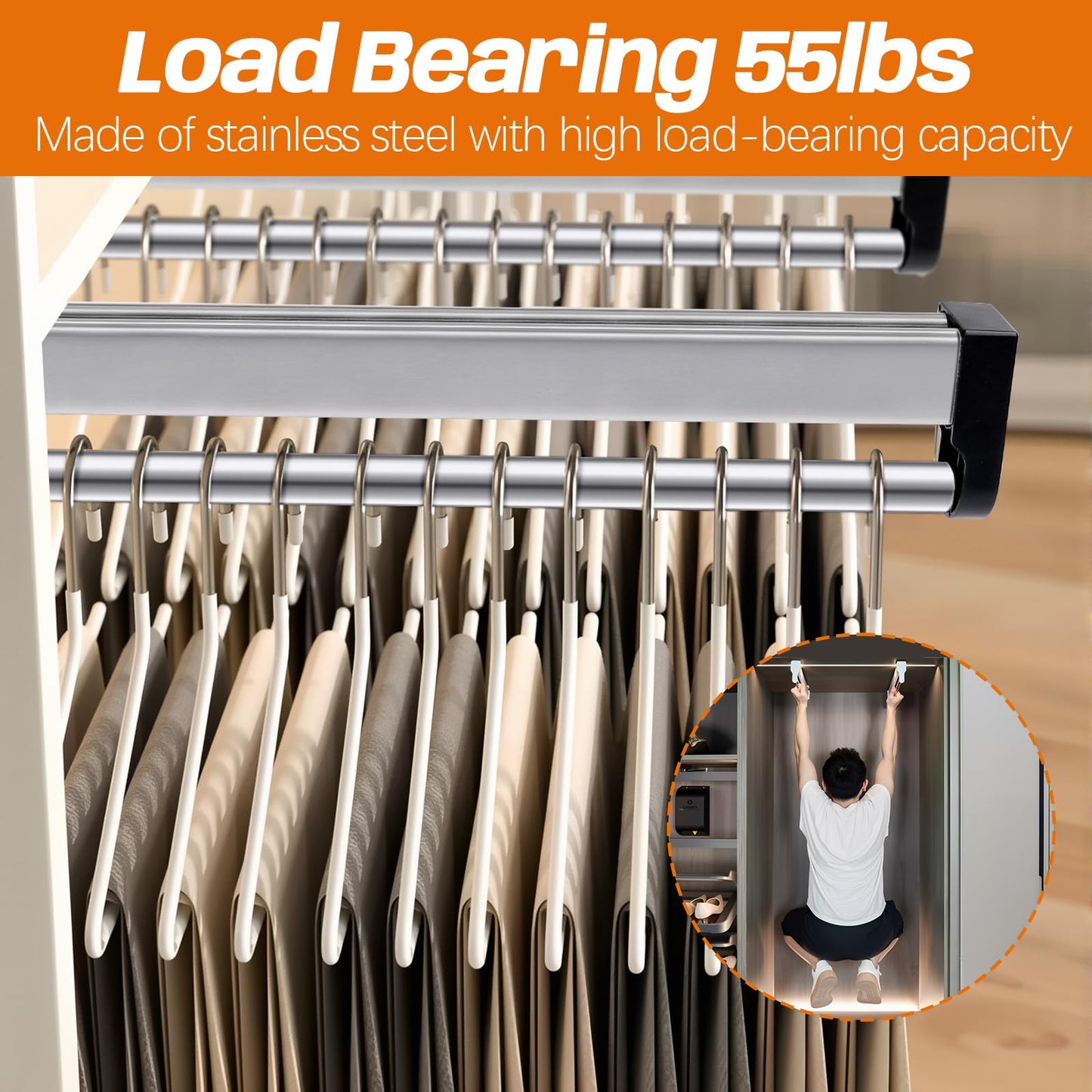 Pull Out Clothes Rail, Stainless Steel Extendable Wardrobe Rail Hanger Rack