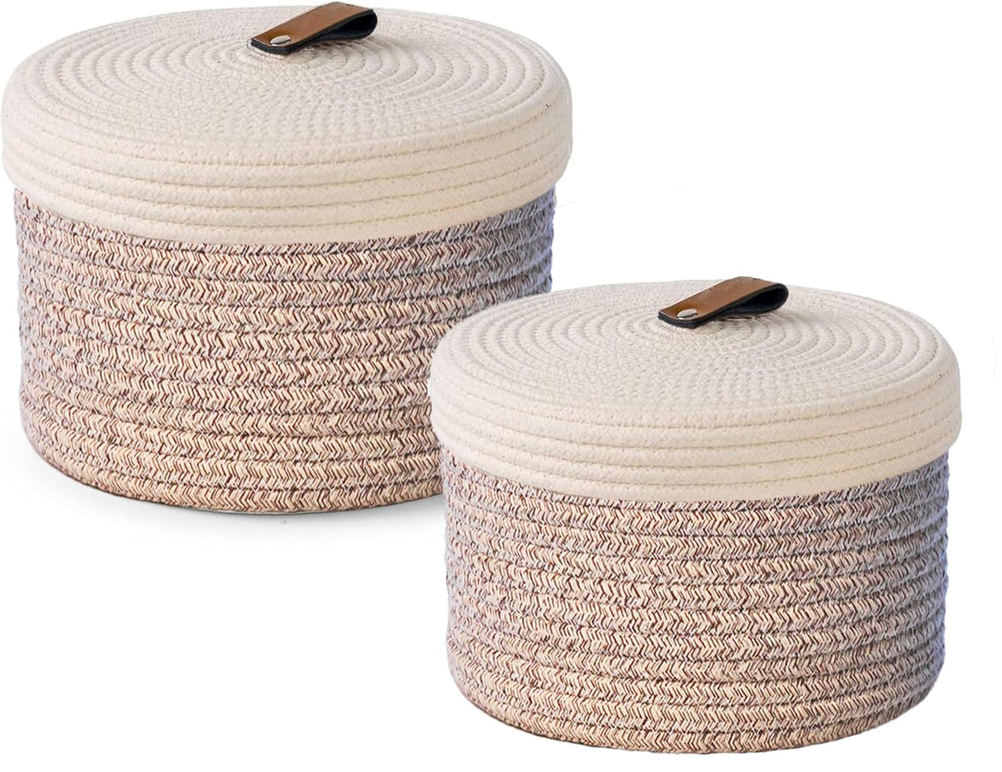 Yearonan 2 Pieces Storage Baskets with lids-Cotton Rope Lidded Basket-Natural cotton thread, leather buckle