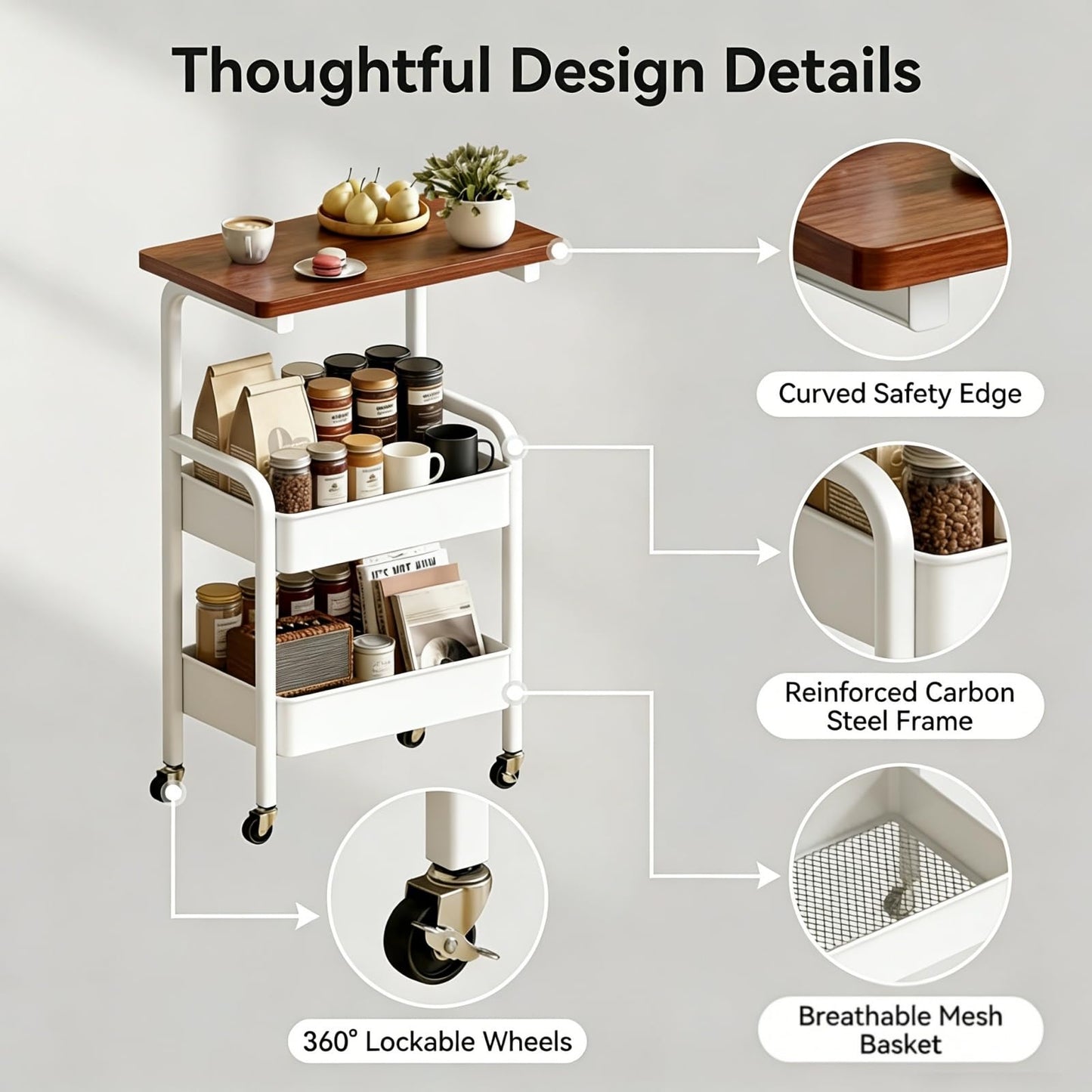 3 Tier Metal Rolling Utility Cart Organizer with Walnut Table Top, Stable and Sturdy Rolling Storage Carts with 2 Lockable Wheels for