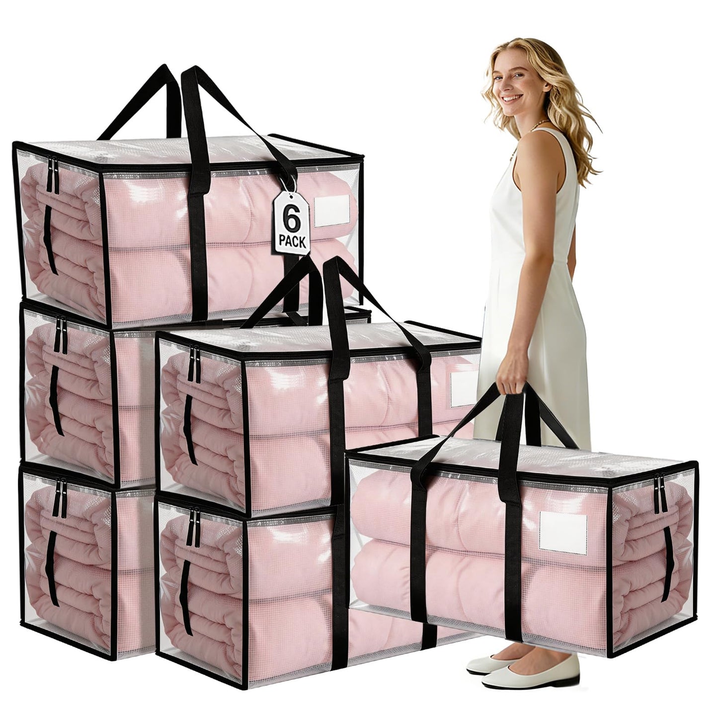 Large Moving Boxes and Storage Bags - 6 Pack 92L Heavy Duty Extra Large Moving Bags with Reinforced Bottom, Dual Zips & Clear Window for Decoration