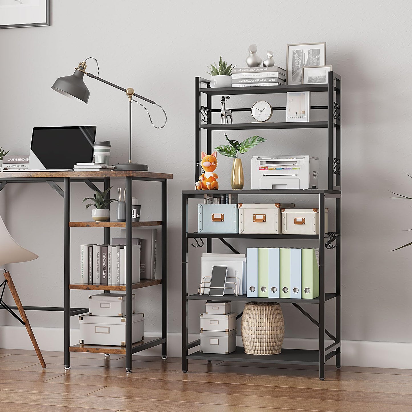 YMYNY Kitchen Baker's Rack, Microwave Oven Stand with Storage Shelves, Industrial Coffee Bar Station, with Adjustable Wine Holders and 12 S-Hooks