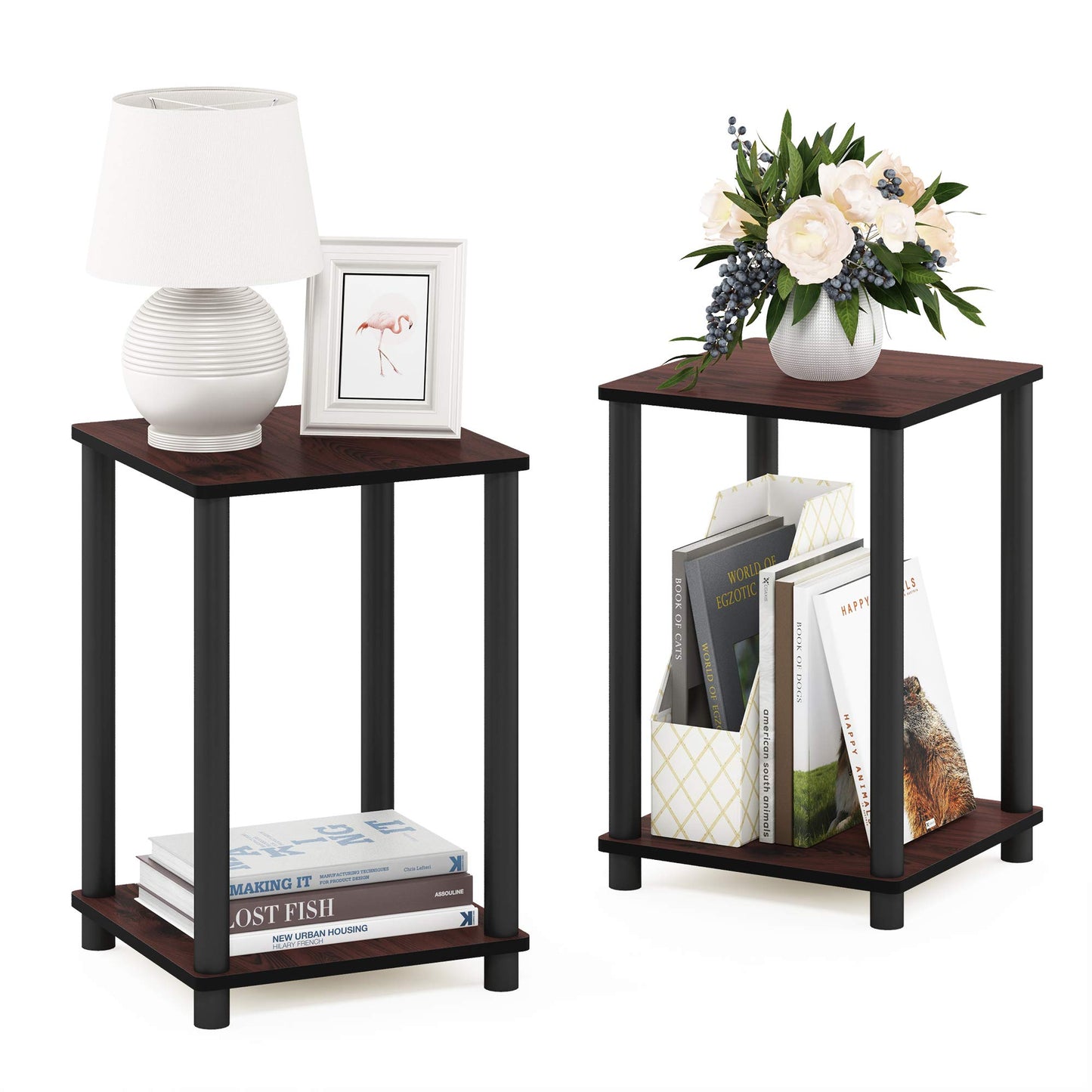 Furinno TURN-N-TUBE Side Table Set of 2, 2-Tier Stackable End Table with Open Shelf, Toolless Night Stand, Bedside Table, for Living Room, Bedroom