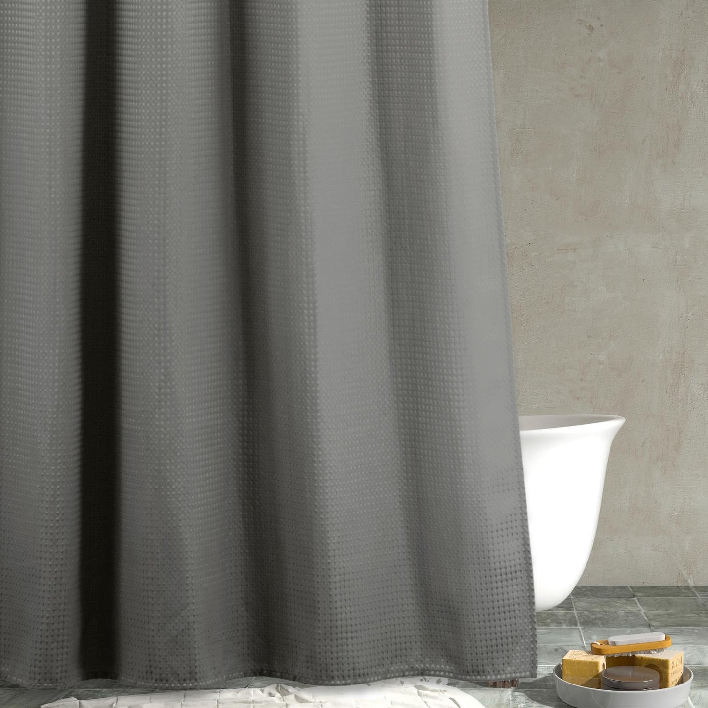 Popkozzi Grey Long Fabric Shower Curtain: Gray 78 Inch Long Waffle Weave Heavy Duty Shower Curtains for Bathroom - Water Repellent Washable Thick