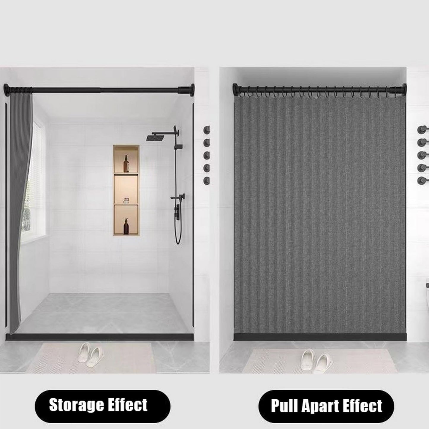 Momooda Waterproof Folding Shower Curtain, Heavy Duty Anti Mould Linen Shower Curtain, Magnetic Sripe Splash-proof, Fast Closing, Grey, 120x200cm