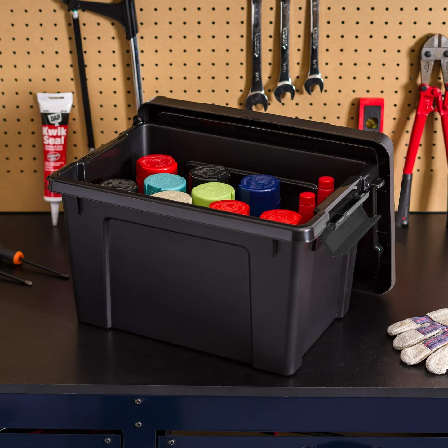 HOHAOO Storage Boxes,Set of 3 40L Heavy Duty Stackable Storage Boxes Nestable Black Plastic with Lids and Box Clip Locked for Shelves and Garage