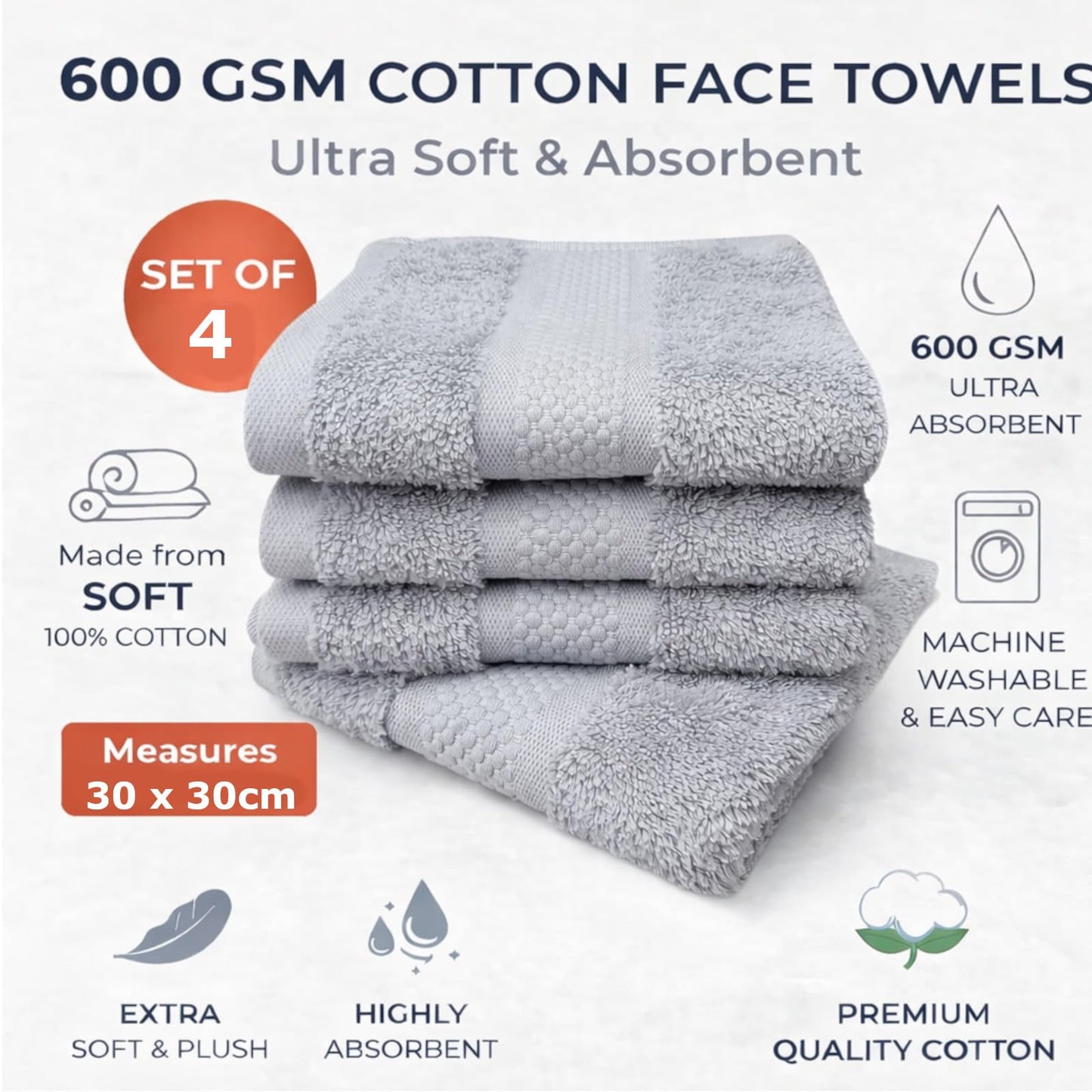 Sue Rossi Face Cloths Pack of 4, Turkish Combed Cotton, 30cm x 30cm, Soft, Absorbent & Quick Dry Wash Cloth Flannels Set Of Bathroom Towels