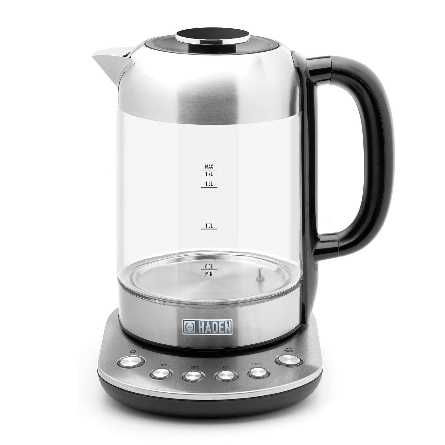 Haden Richmond Kettle ? Electric Variable Temperature Fast Boil Kettle, 3000W, 1.7Litre, Brushed Stainless-Steel & Glass, Silver