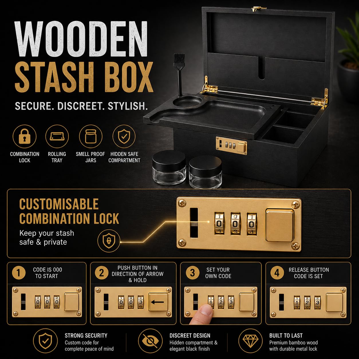 UkGlass Large Bamboo Wooden Stash Box with combination Lock, Rolling Tray and Glass Storage Jars