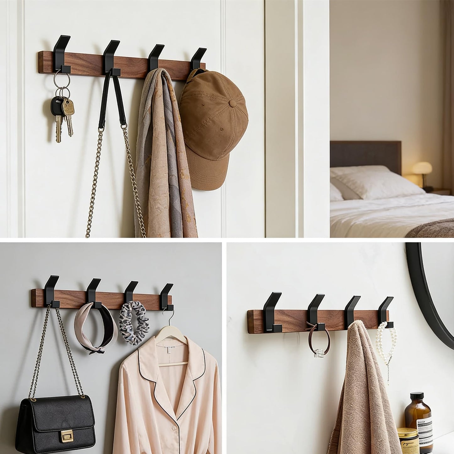 Trlyane Wooden Wall-Mounted Coat Rack - 4 Black Heavy-Duty Coat Hooks, 40cm