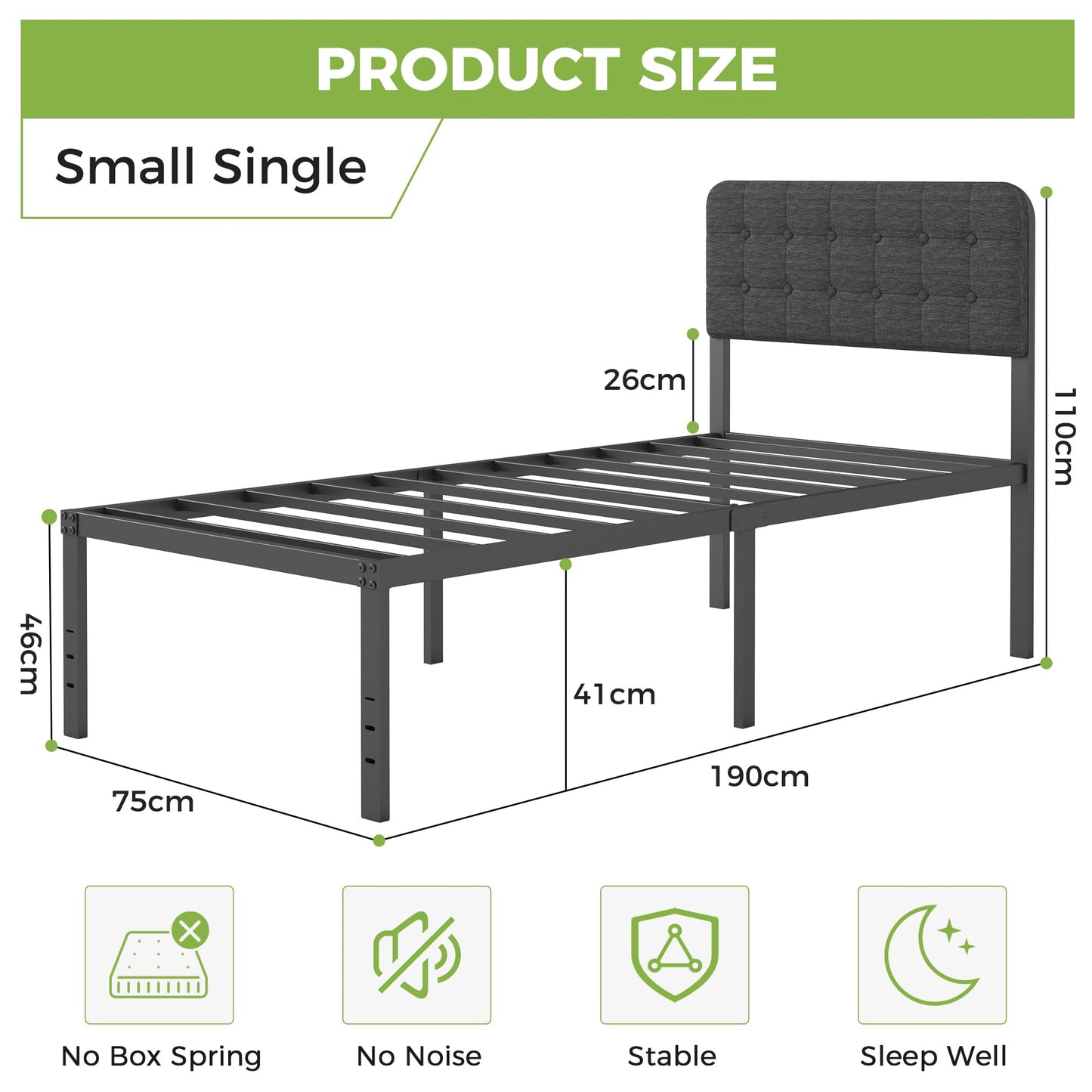 Lutown-Teen 2ft 6 Small Single Bed Frame with Black Upholstered Headboard