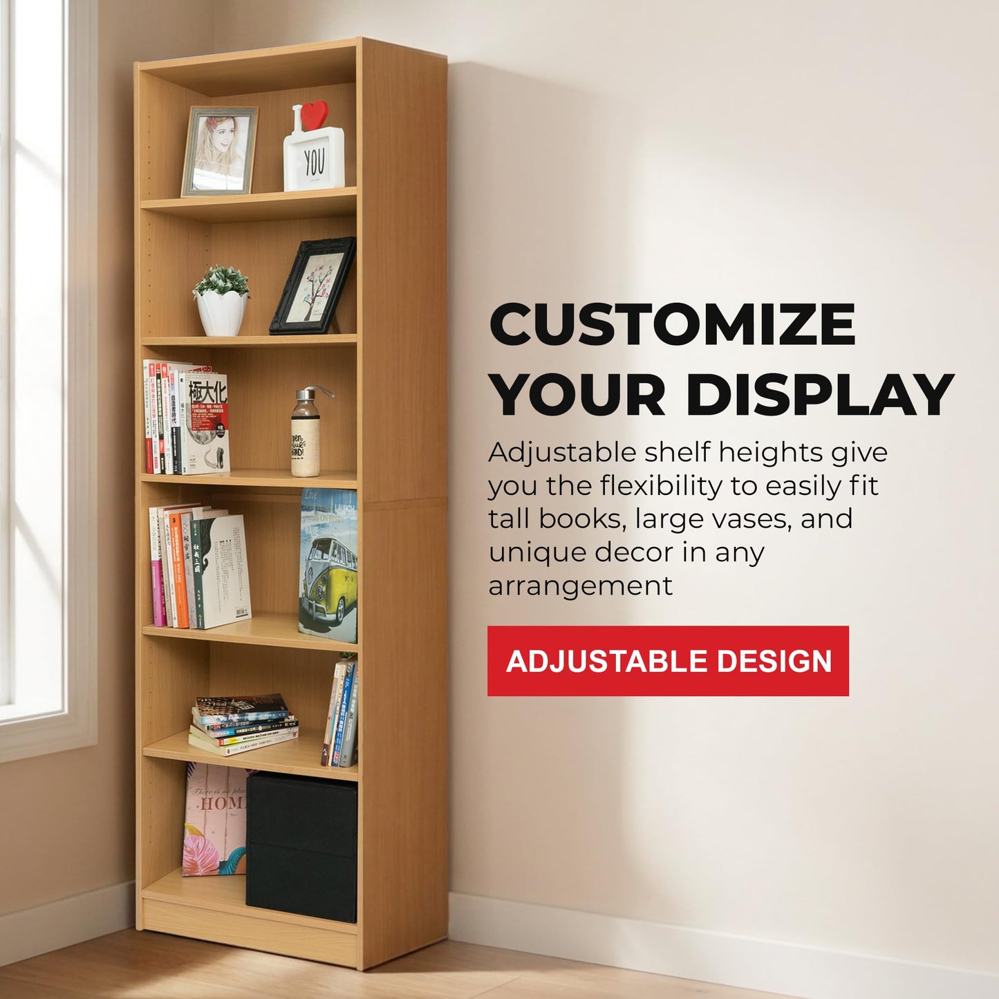 Absolute Deal Beech Tall Bookcase 6 Tier Free Standing Adjustable Shelf