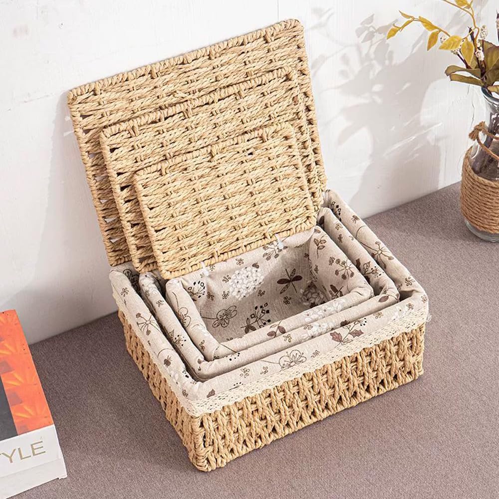 KiKiHong 3 Piece Storage Baskets with Lids,3 Sizes Woven Basket With Lid