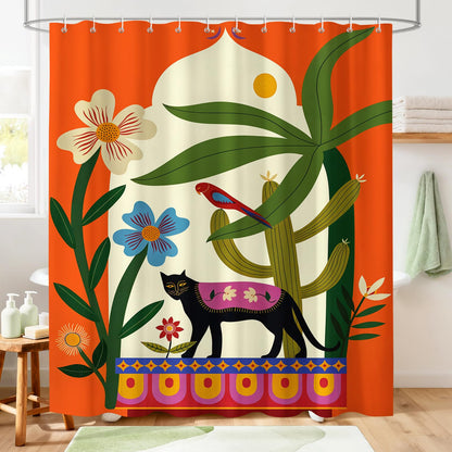 Hopomoon Orange Boho Shower Curtain,Mid-Century Modern Botanical Floral Black Cat and Bird Waterproof Polyester Bath Curtain with 12 Hooks