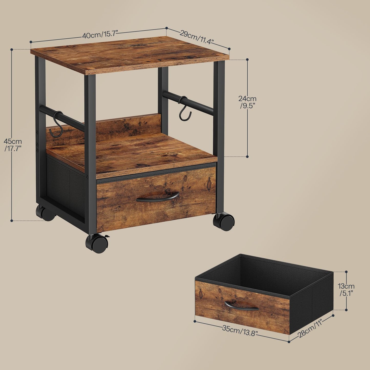 HOOBRO 2-Tier Printer Stand with Drawer, Under Desk Printer Table, Printer Cart with Storage, with Casters/Adjustable Feet, for Home Office, Study