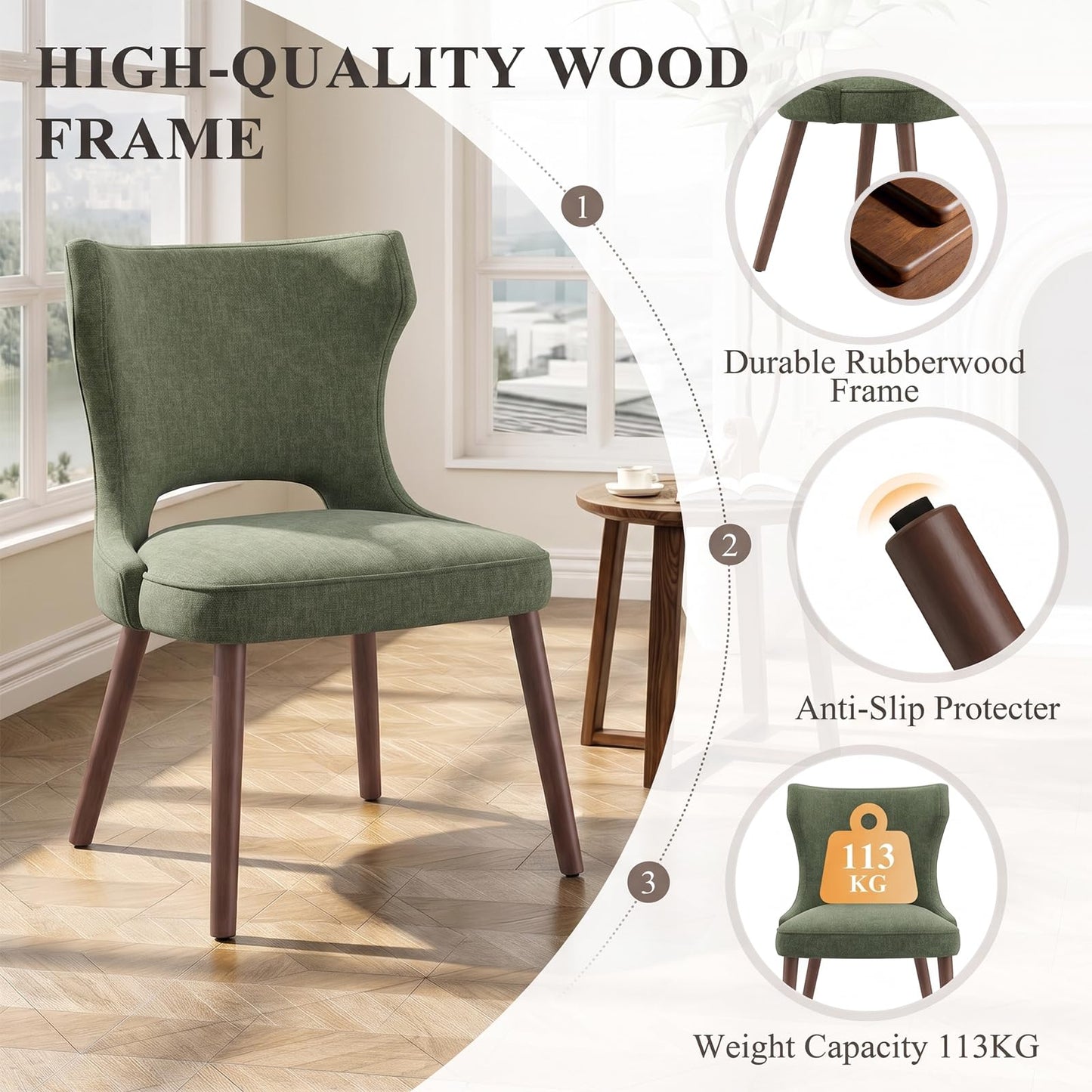 MALOL Upholstered Dining Chairs Set of 2, Dining Room Chairs with Hollow Backrest, High Back Kitchen Chairs with Solid Wood Legs, Thick Seat Cushion