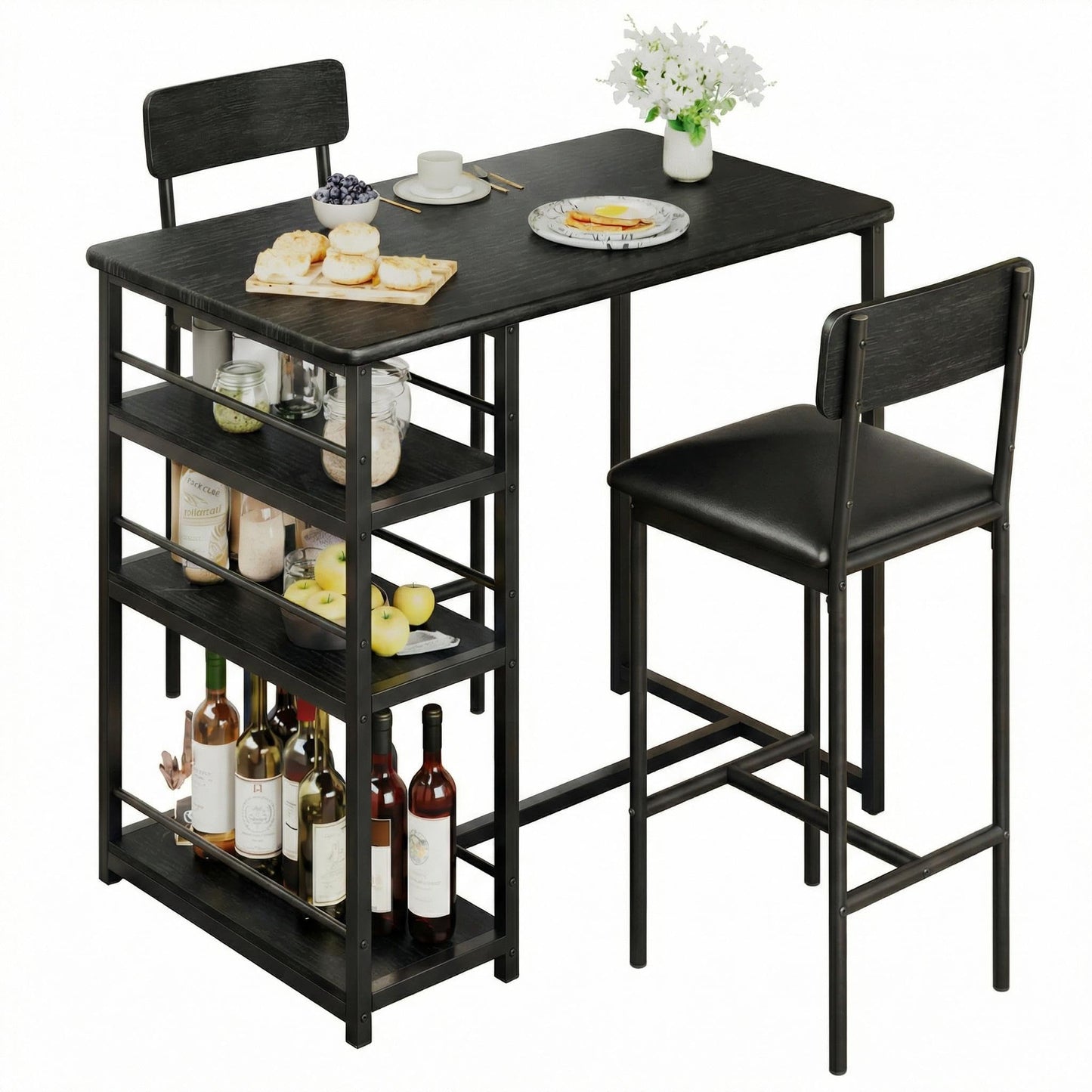 Crevyteg Compact 3-Piece Breakfast Bar Set for Small Spaces - Includes Storage Shelf Table & 2 High-Back PU Leather Stools