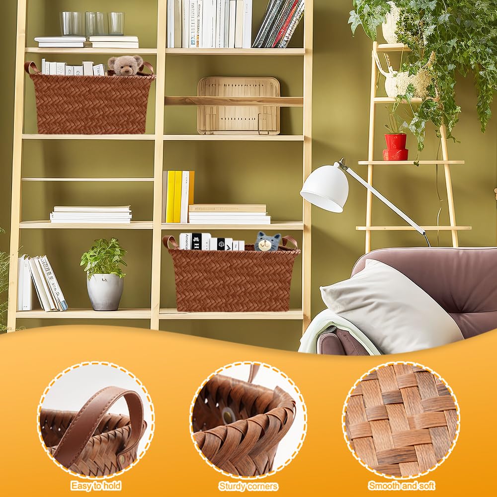 Lighterday 2 Pcs Wicker Storage Basket - Large Woven Basket With Handle for Shelves, Faux Rattan Seagrass Box Organizer for Home Office