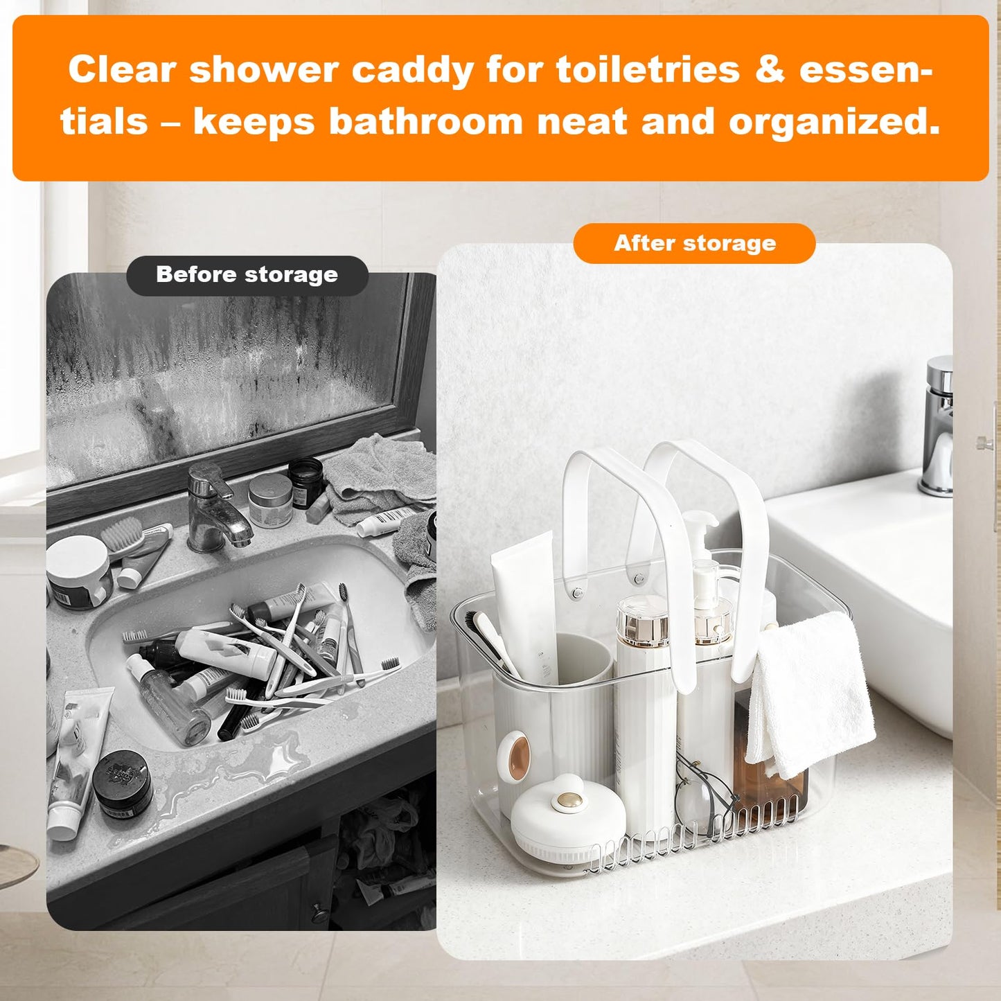 Natudeco Shower Caddy Basket Plastic Shower Caddy Tote Large Capacity Shower Storage Basket Clear Toiletry Organizer for Toilet or Bathroom