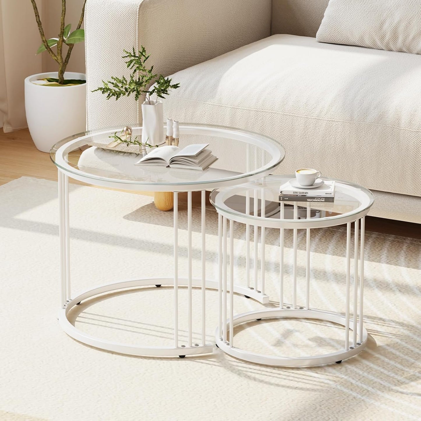 Huhote Round Coffee Tables, Set of 2 End Table, Nesting Tables, Side Table with Metal Frame for Living Room/Bedroom/Balcony/Office/Apartment