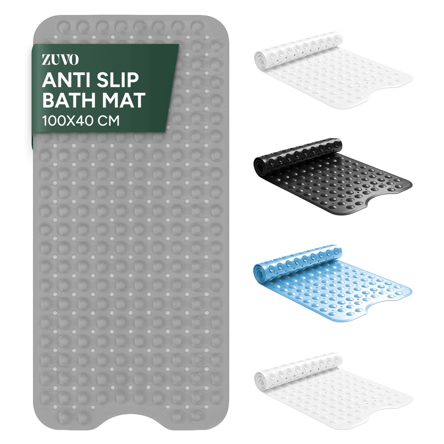 Zuvo Extra Long Bath Mat Non Slip Anti Mould, 100 x 40 cm, Grey