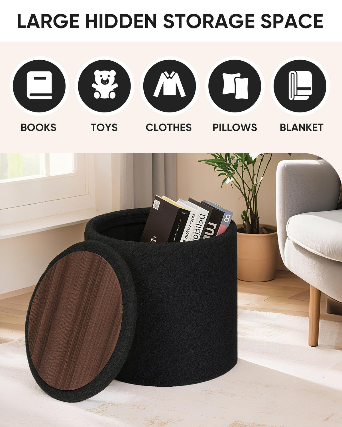 Bonlife Round Ottoman Stool with Storage, Folding Footstool with Lid,Boucle Vanity Stool for Living Room,Bedroom,Entryway,Black,43x43x45cm