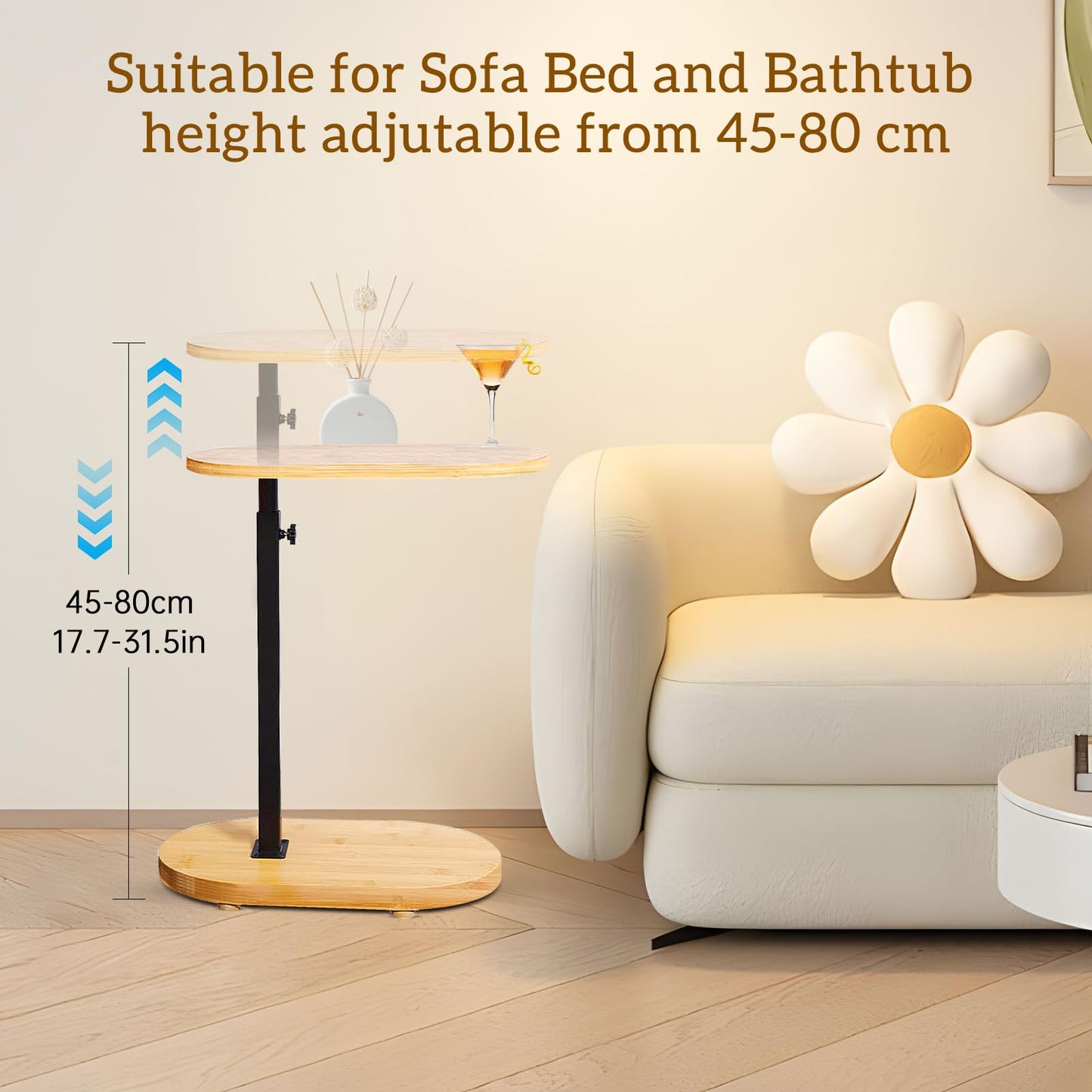 KUKKUME C Shaped Side Table Height Adjustable Sofa Table Over Bed Table Bamboo & Metal Under Sofa Table for Living Room Bathroom Couch Bedroom